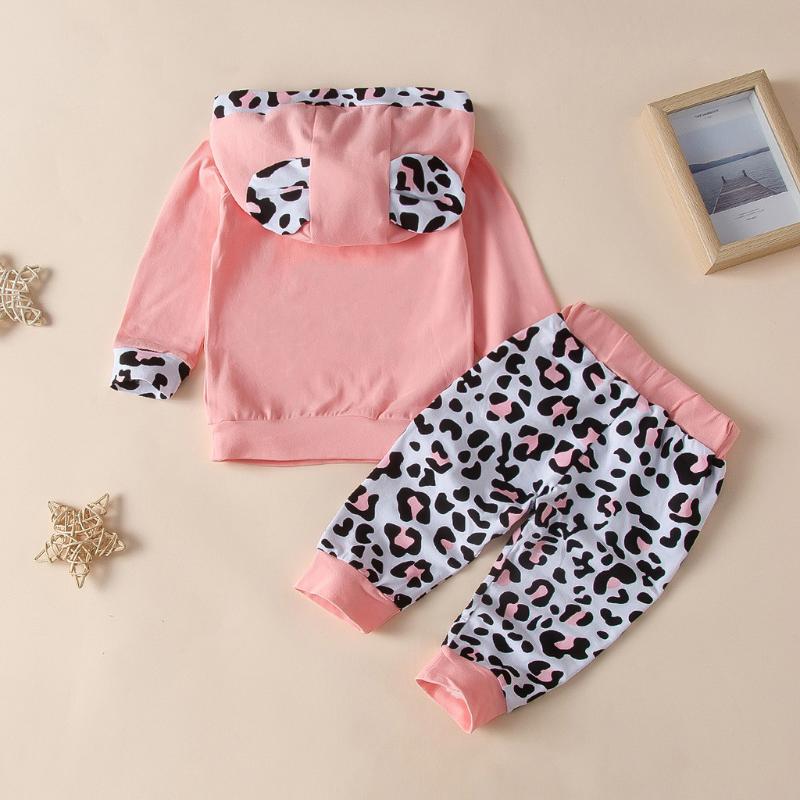 Toddler Baby Girls Cartoon Letter Leopard Print Hoodie Tops+ Pants Outfits Cute Ears Animals Hoodies Newborn Clothes bebes