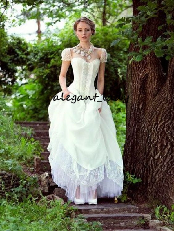Princess Fairy Gothic Wedding Dresses 2023 Vintage Lace Square Cap Sleeve Boning Lace-up Corset Top Bride Wedding Gown