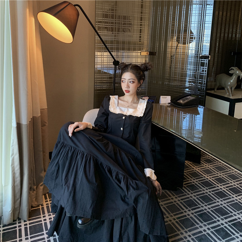 Two Pieces Court Retro Black Outfits Dress Suits Harajuku Lolita Sweet Skirt Sets 2PC Peter Pan Collar Shirts&A Line Skirt Suits