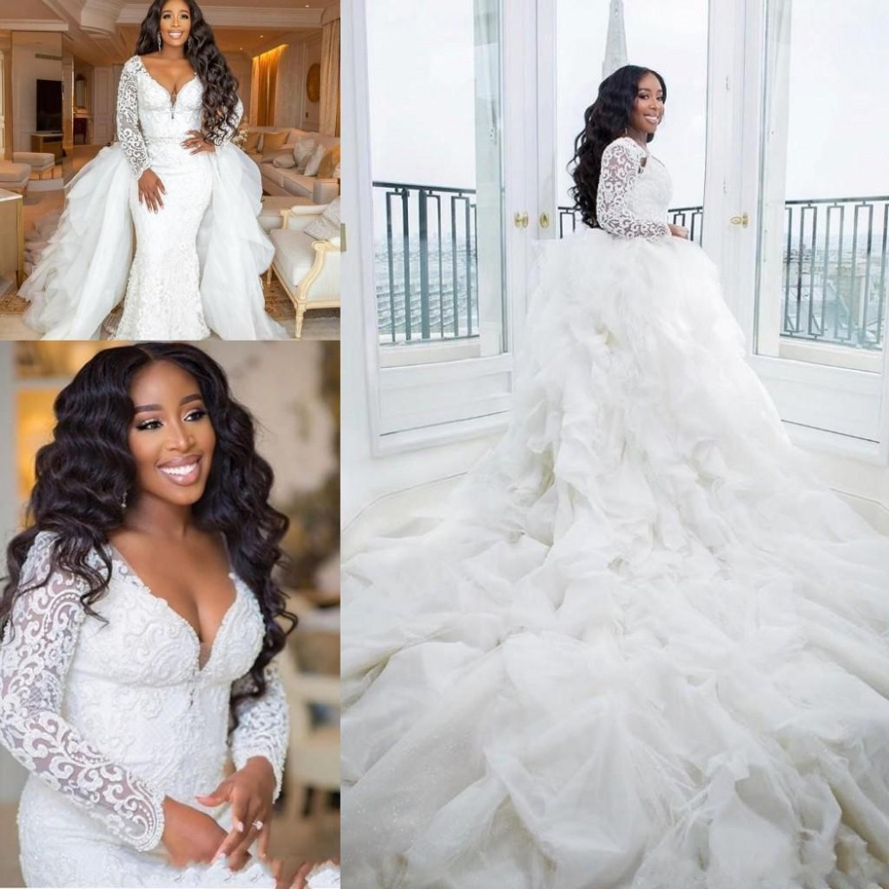 New African Black Girl Mermaid Wedding Dresses Sweetheart Lace Appliques Long Sleeves With Detachable Train Plus Size Bridal Gowns
