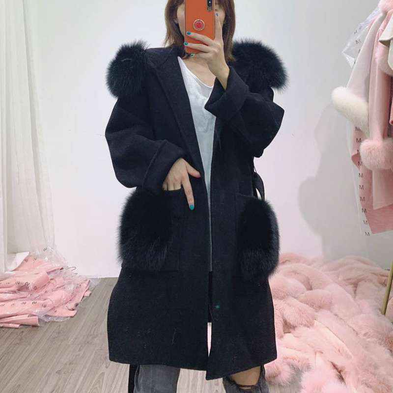 OFTBUY Real Fur Coat Winter Jacket Women Natural Fox Fur Collar Pocket Cuffs Hood Cashmere Wool Woolen Oversize Ladies Outerwear
