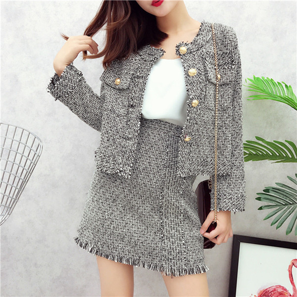 Tassel Jacket Asymmetrical Pearls Skirt Tweed Suit Runway Autumn Winter Women 2 Piece Set B4