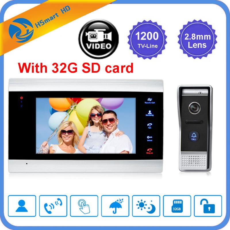 

Home 7 inch LCD Video Doorbell 1200TVL Waterproof IR Camera Door Phone Intercom System Motion Detection Doorphone +32G SD card