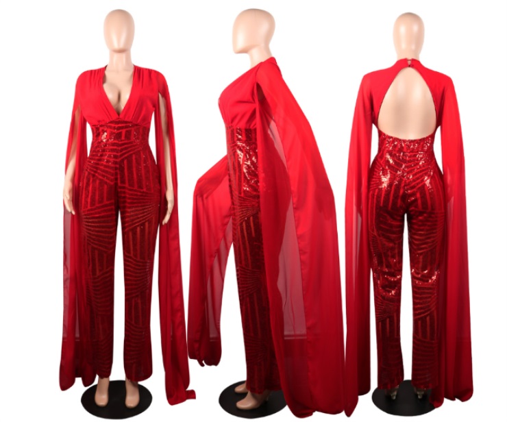 Glitter Sequins Beige Black Red A-line Women Jumpsuit Prom Dress Bling Long Sleeves Evening Dress Ankle-length Party Dress