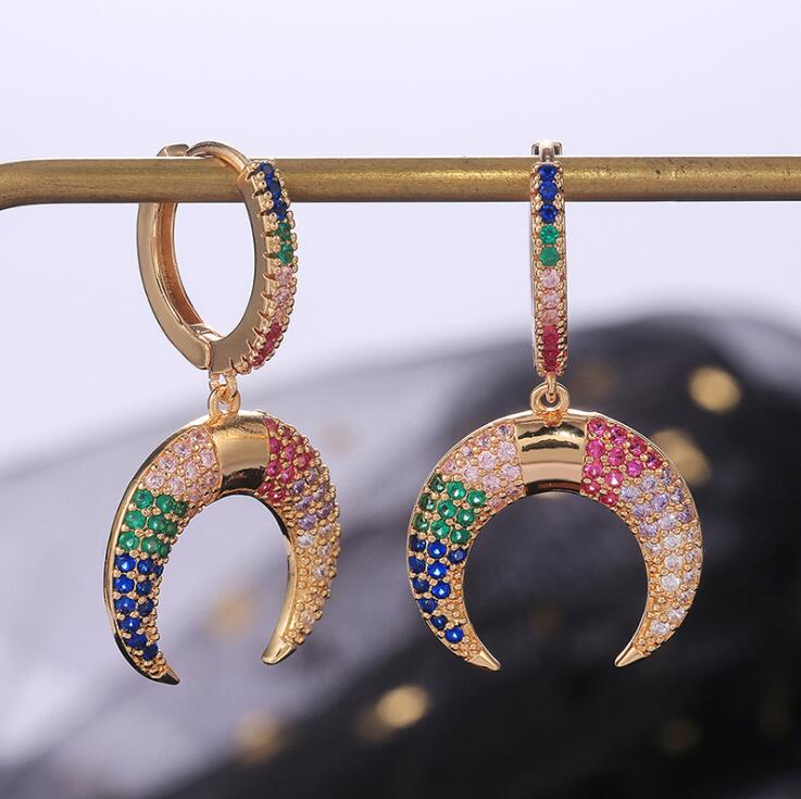 Vintage Fashion Jewelry Top Selling Lucky Dangle Earring 925 Sterling Silver Colorful White Sapphire Diamond Gemstones Crescent Moon Earring