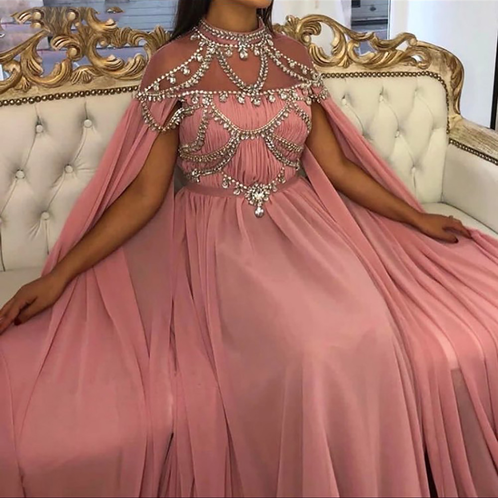 New Pink Muslim Evening Dresses A-line Illusion High Neck Crystal Chiffon Islamic Dubai Kaftan Saudi Arabic Long Evening Gown