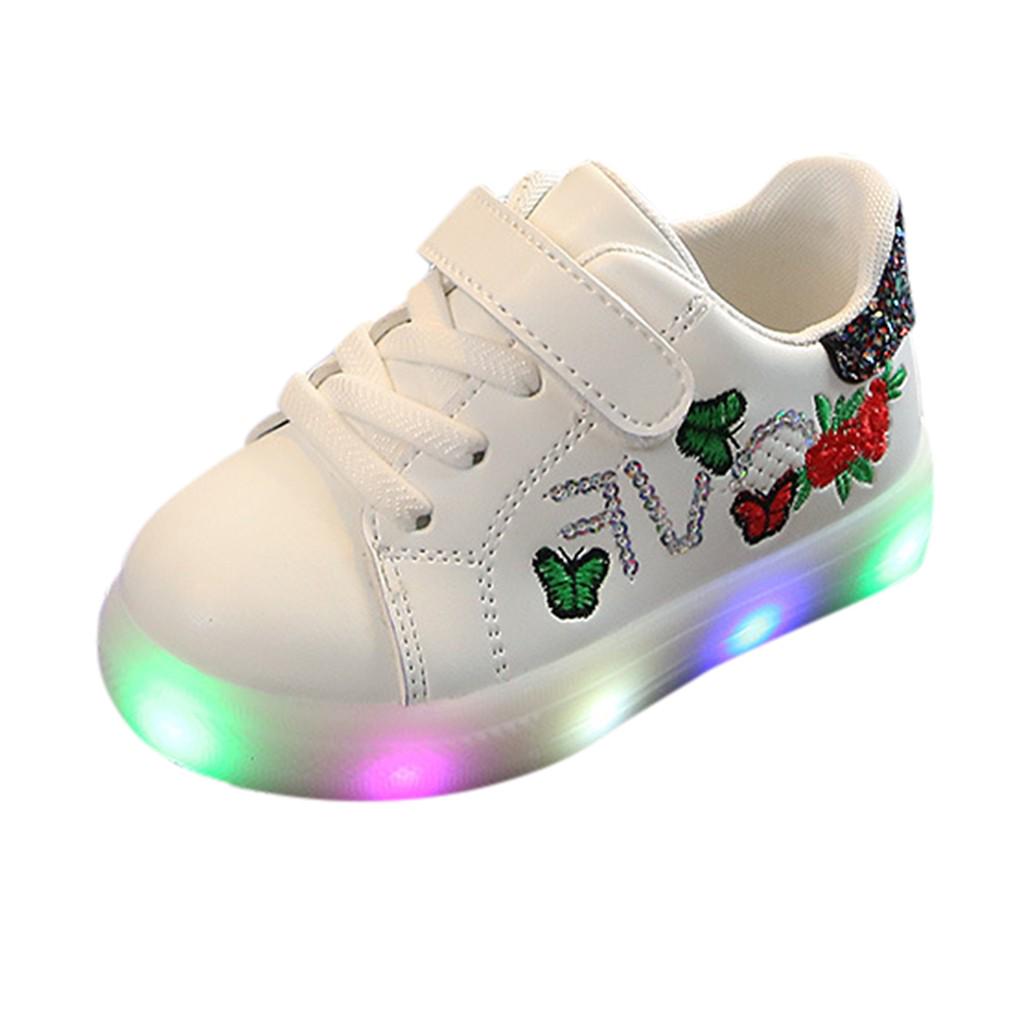 Children Baby Girls Boys Flower Butterfly Led Light Luminous Sport Shoes
