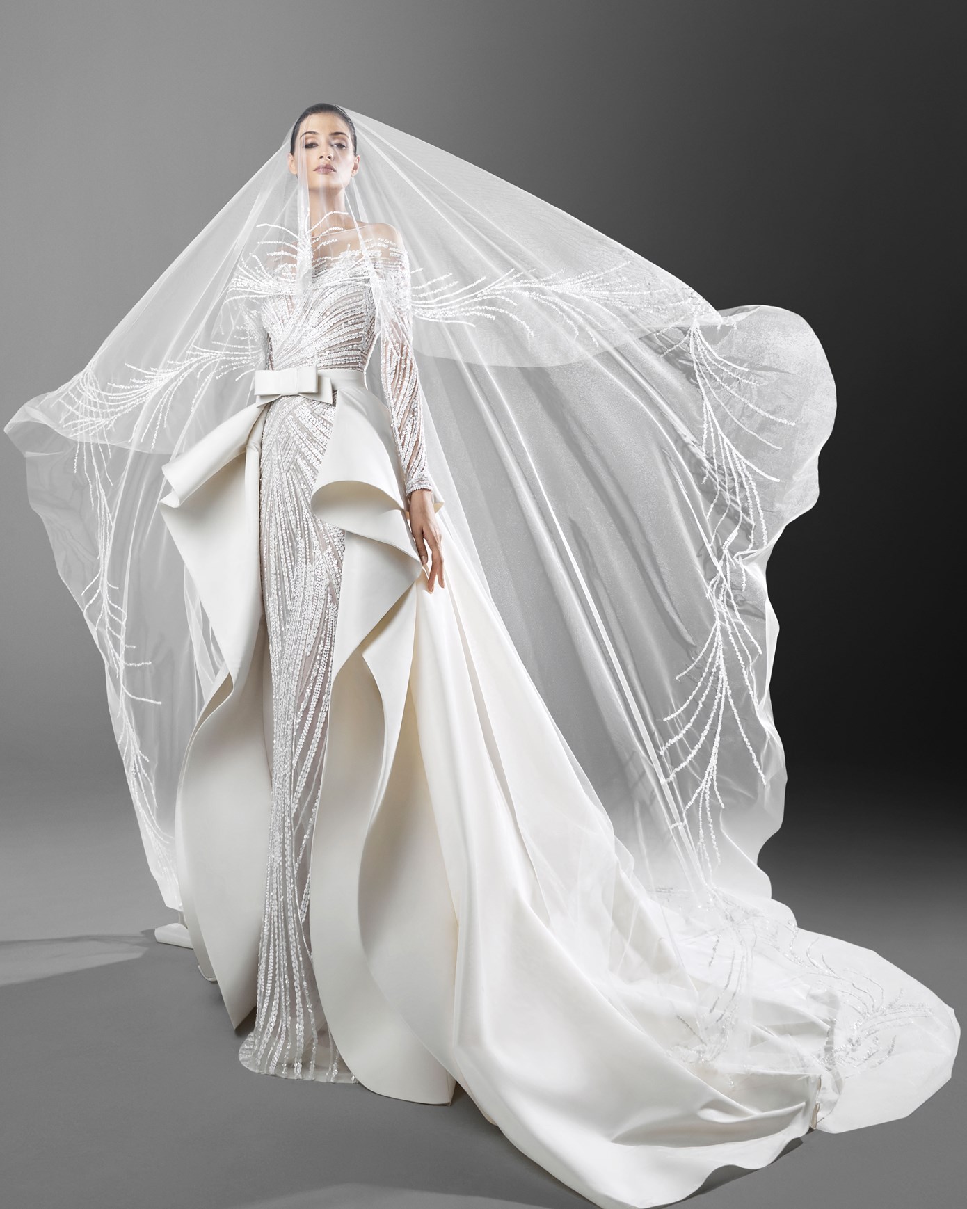 2021 Zuhair Murad Mermaid Wedding Dresses With Detachable Train Sheer Neck Long Sleeve Appliques Bridal Gowns Plus Size Wedding Dress