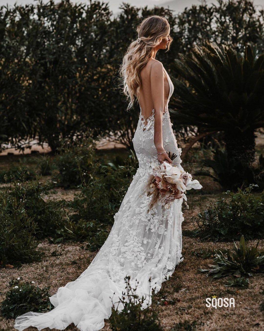 country mermaid wedding dresses 3d floral lace appliqued sexy deep v neck backless court train ivory vintage bridal gowns