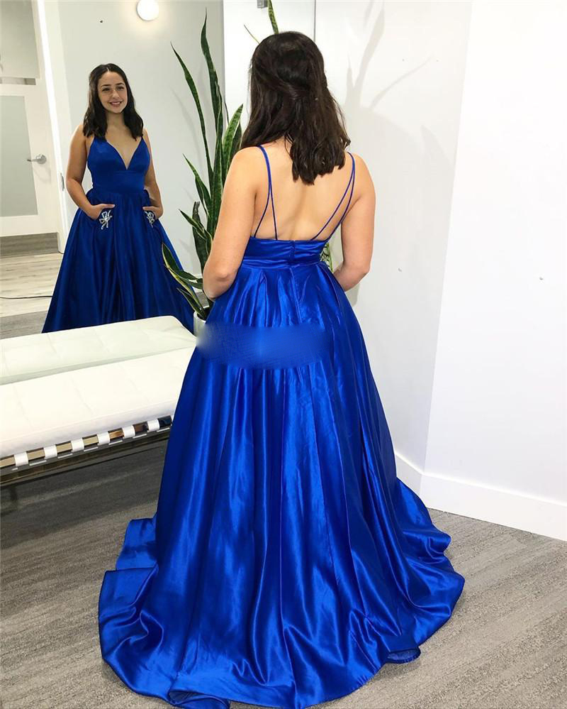 Royal Blue Prom Dresses Spaghetti Strapless A-Line With Pockets Graduation Evening Party Gowns Customized Plus Size Robe De Soriee