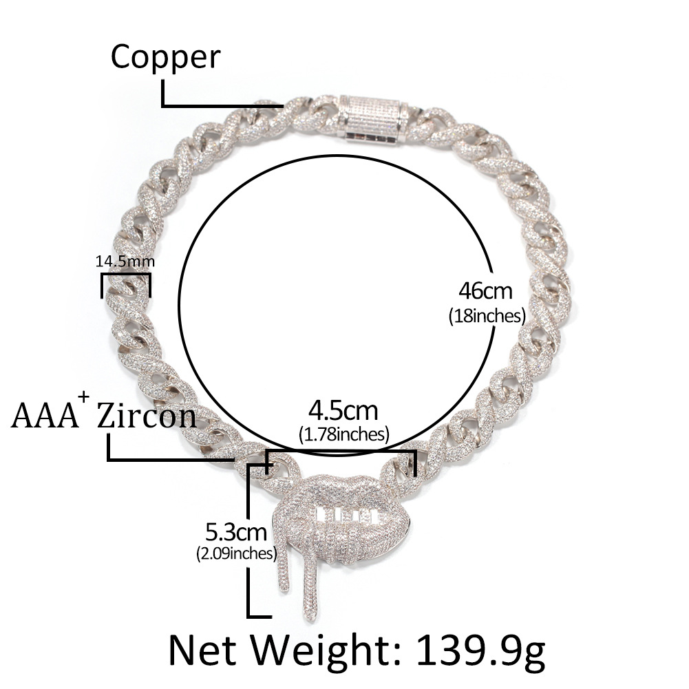 Hip Hop Mens Lip Pendant Necklace Bling Cuba Chain Shining Zircon Real Gold Plated Tennis Chain
