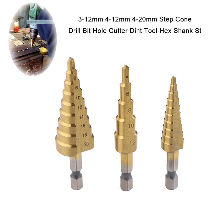 3pcs Step Cone Drill Bits Hole Cutter Drilling Tools 3-12mm 4-12mm 4-20mm Step Drills shank Coated Metal Drill Bit Set Hole
3pcs Step Cone Drill Bits Hole Cutter Drilling Tools 3-12mm 4-12mm 4-20mm Step Drills shank Coated Metal Drill Bit Set Hole