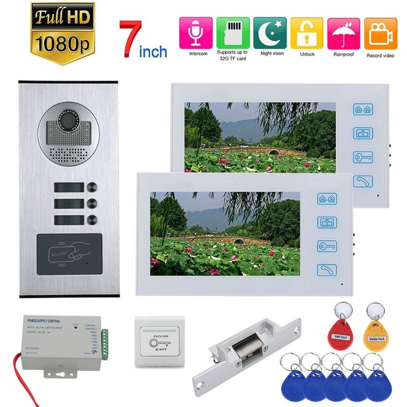 

7inch Record Video Intercom 2/3/6Apartments Video Door Phone System with RFID 1080P Doorbell Camera+NO Electric Strike Door Lock
