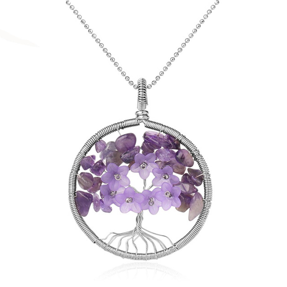 Tree of Life Pendant Necklace Natural Stone Silver Color Wire Wrap Quartz Crystal Chip Bead Flower Reiki Jewelry Women
