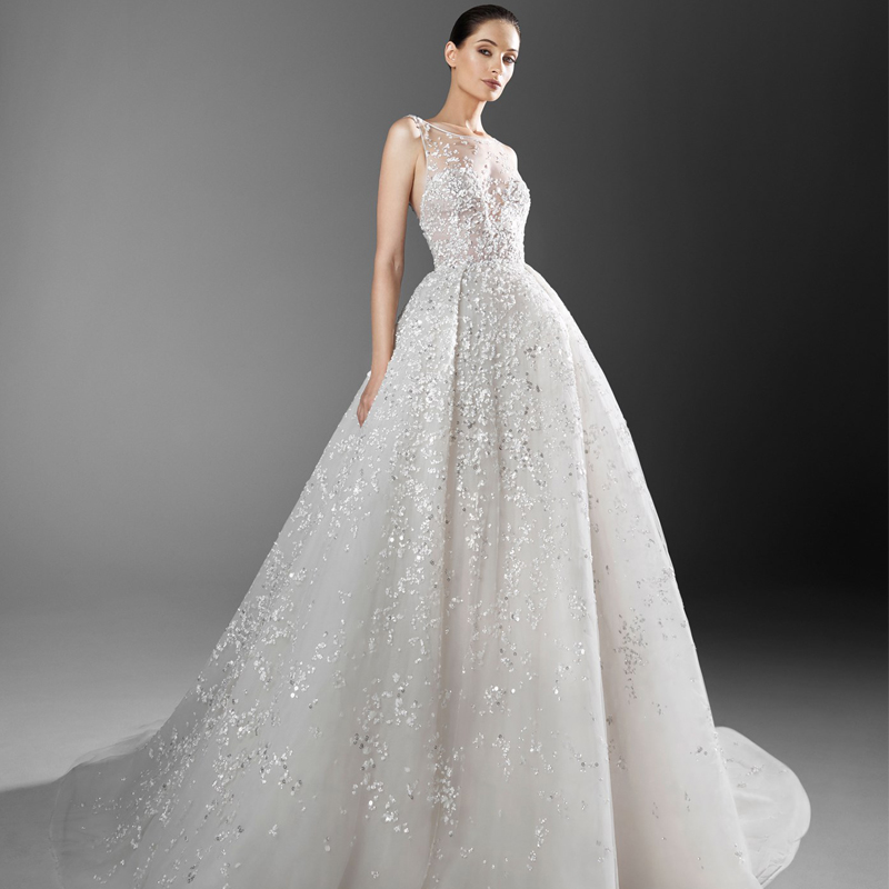 2021 Zuhair Murad A Line Wedding Dresses Sexy Sheer Neck Bling Lace Appliques Sweep Train Plus Size Backless Wedding Robe De Mariée