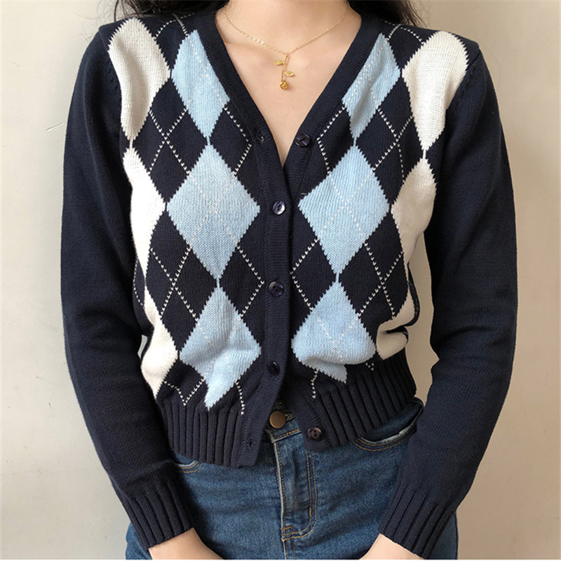Women Cardigan Knit Sweater Vintage Stylish Geometric Pattern Slim Crop Top Fashion V-Neck England Style Long Sleeve Outerwear