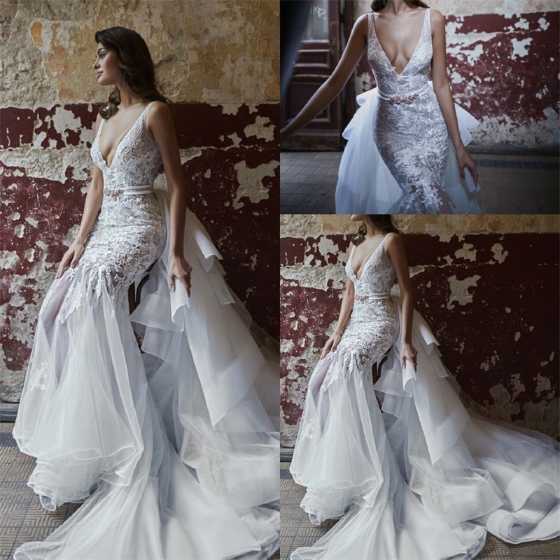 Sexy Mermaid Wedding Dresses With Detachable Train High V-neck Sleeveless Full Appliqued Lace Bridal Gowns Custom Made RobesDe Mariée