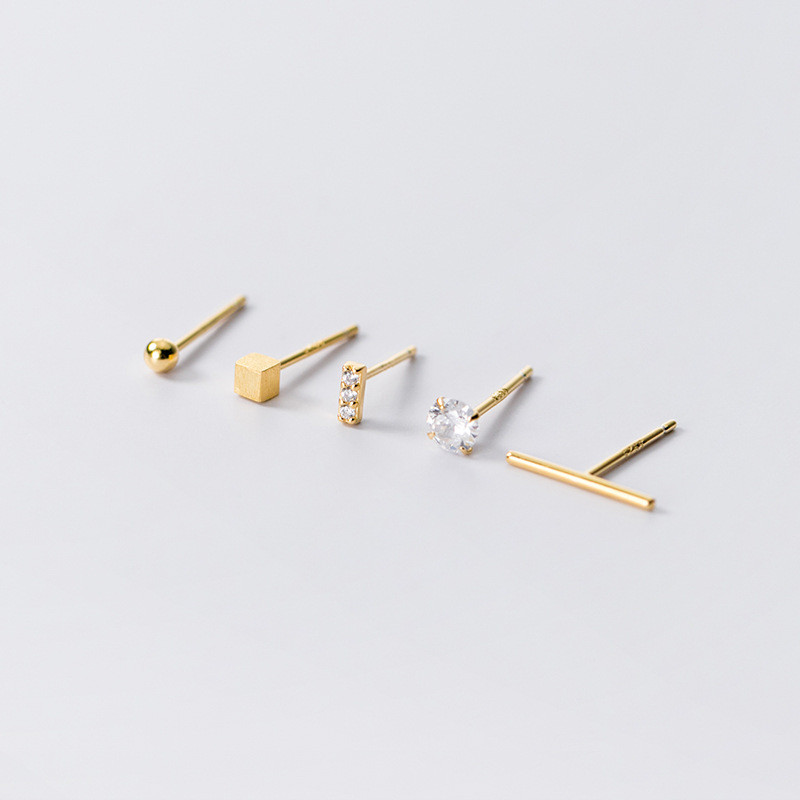 5Pcs/set 925 Sterling Silver Stud Earrings Minimalist Mix Round Ball Bar Geometric CZ Zircon Earrings Fine Jewelry Gift