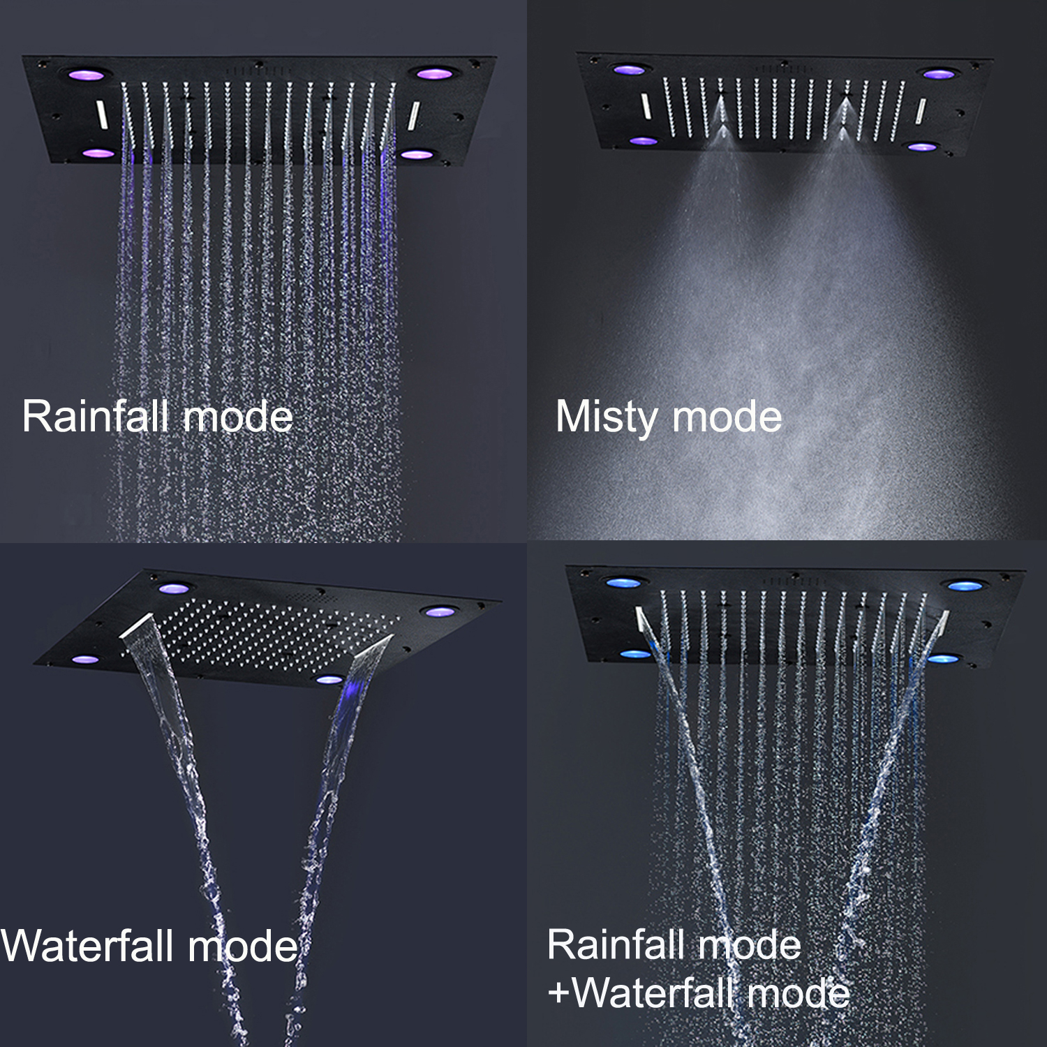 Bluetooth Music Shower Head Bathroom Accessories Ceiling LED Overhead Panel 24inch 304 Stainless Steel Black System Faucets