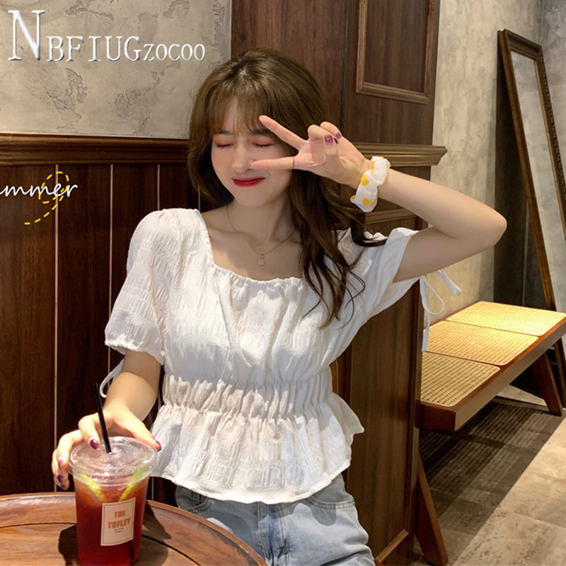 2020 New Korean Square Collar Women Blouse Sweet Purple White Green Female Blouses