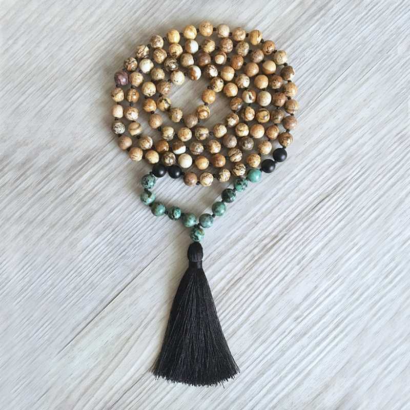 Yoga Mala Jewelry African T-urquoise Matte Onyx & Picture J-asper Necklace Men 108 Bead Hand Knotted Necklace With Black Tassel
Yoga Mala Jewelry African T-urquoise Matte Onyx & Picture J-asper Necklace Men 108 Bead Hand Knotted Necklace With Black Tassel