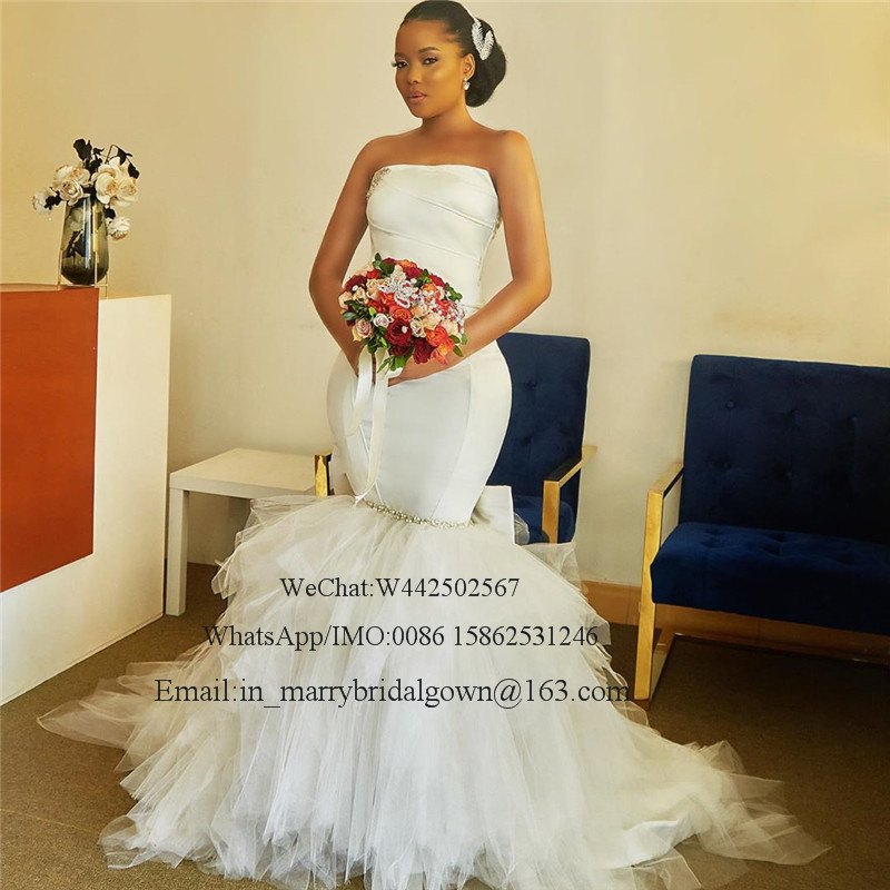 Sexy Plus Size African Mermaid Wedding Dresses 2021 Strapless Crystals Bellanaija Pleated Tulle Skirt Vestido De Novia Bridal Gowns