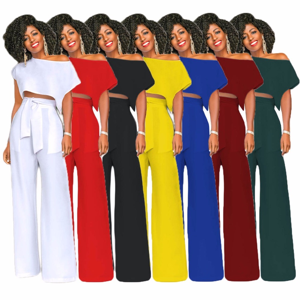 Women's Sexy 2 Pieces Set Off Shoulder Crop Top + high Waisted Long Wide Leg Pant Jumpsuit Romper