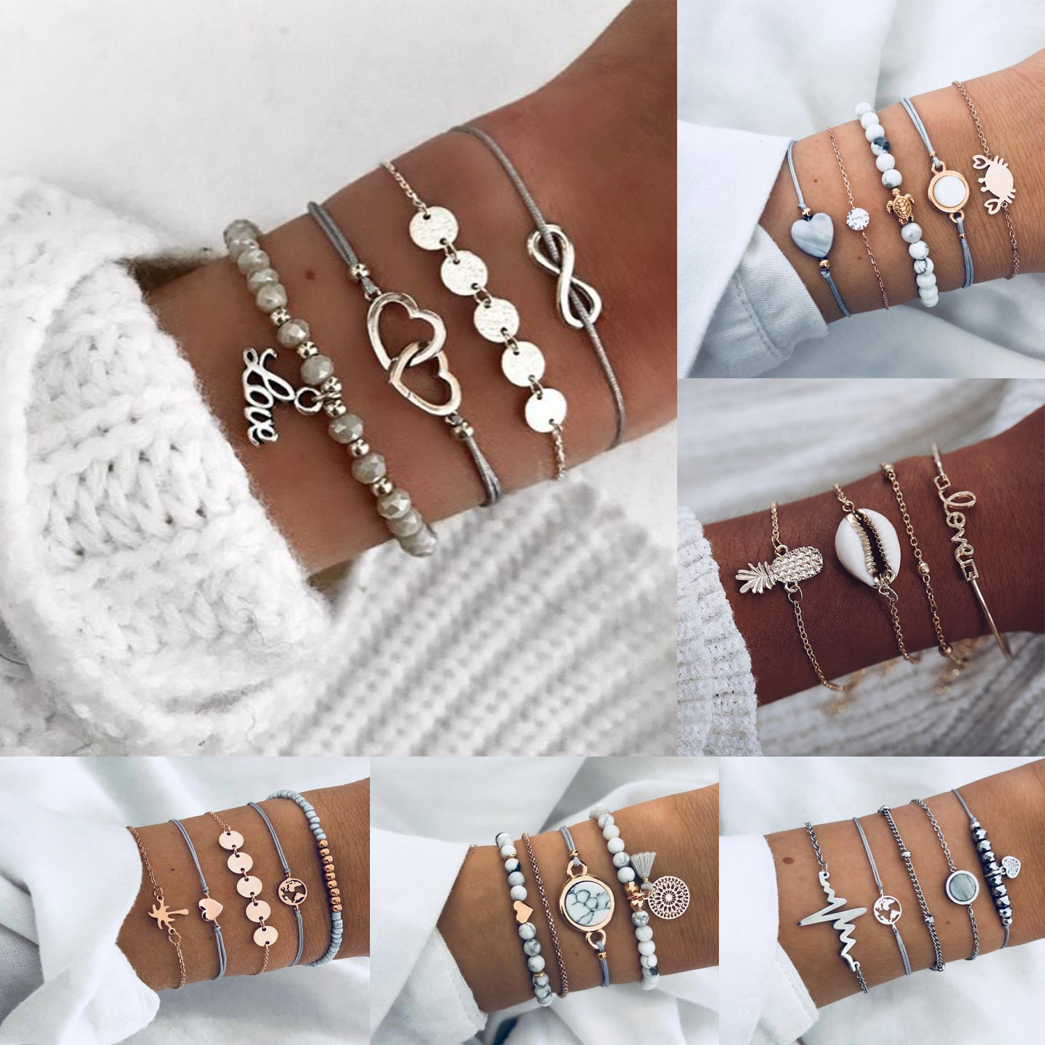 Wholesale Bohemian Fashion Women Jewelry Set Crystal Love Heart Shell Alloy Rope Natural Stone Bracelets Set
Wholesale Bohemian Fashion Women Jewelry Set Crystal Love Heart Shell Alloy Rope Natural Stone Bracelets Set