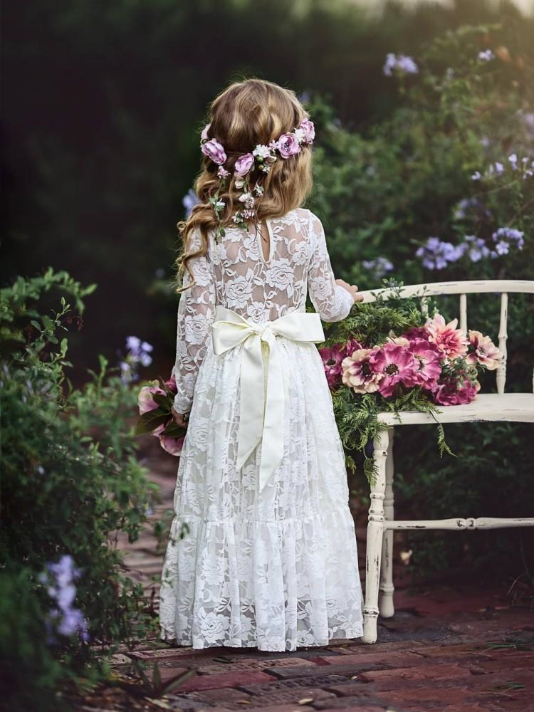 Boho Lace Flower Girls Dresses for Wedding Party Long Sleeves Big Bow Girl First Communion Dresses Kids Holy Birthday Party Gowns