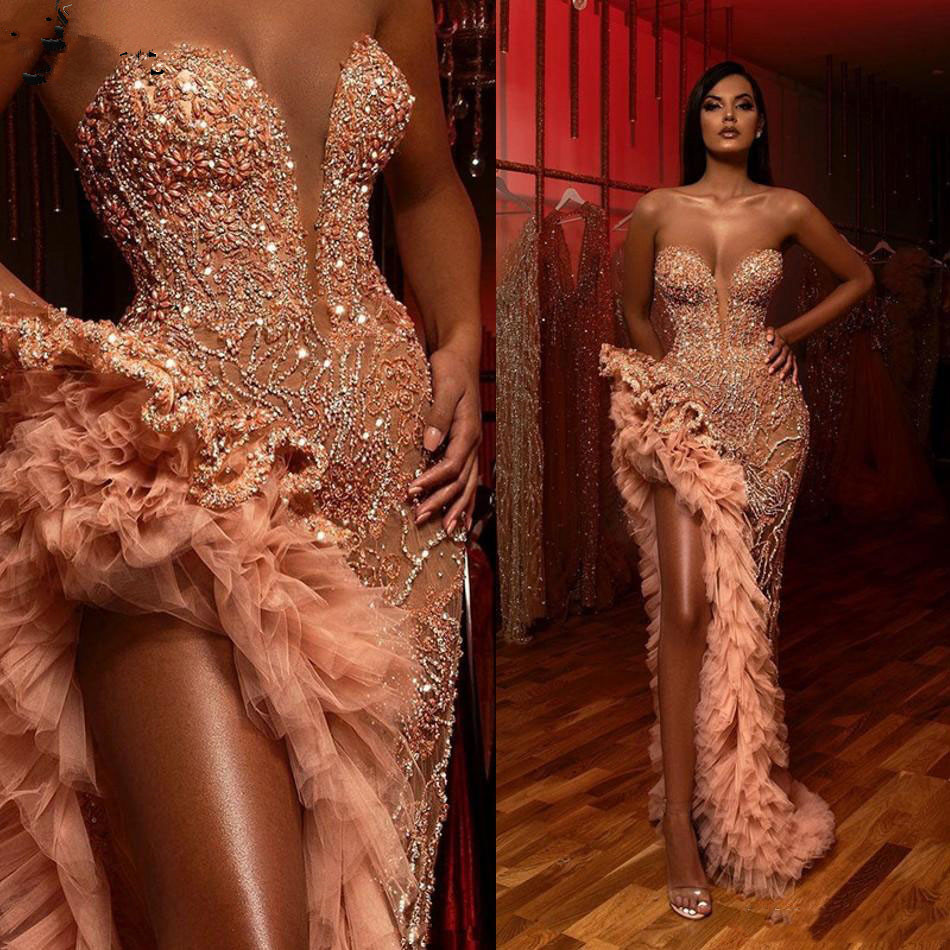 New Aso Ebi Champagne Blush Mermaid Prom Dresses 2020 Sparkly Beaded Ruffles High Slit Sweetheart Arabic Evening Dress Occasion Gown