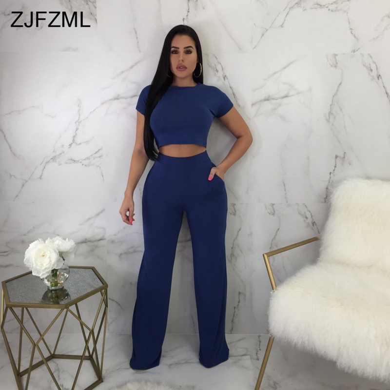 ZJFZML Summer 2 Piece Matching Sets Women O Neck Short Sleeve Crop Top+Full Length Wide Leg Pant Casual Solid Two Pieces Outfits