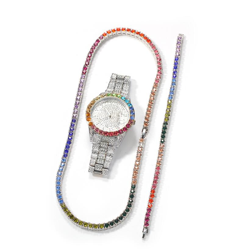 Single row crystal hip hop color zircon Gold Silver Men Watch & Necklace & Bracelet Set Hip Hop Three piece set Holiday gift