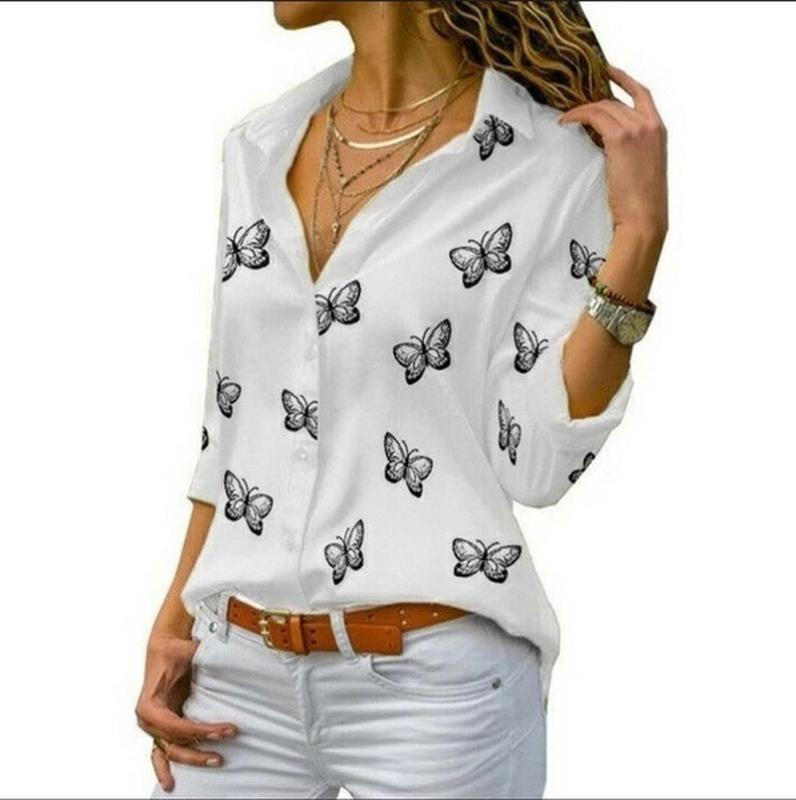S-5XL Plus Size Tops Women Blouse Turn Down Collar Long Sleeve Chiffon Shirt Office Ladies Korean Butterfly Print Blouses Blusas