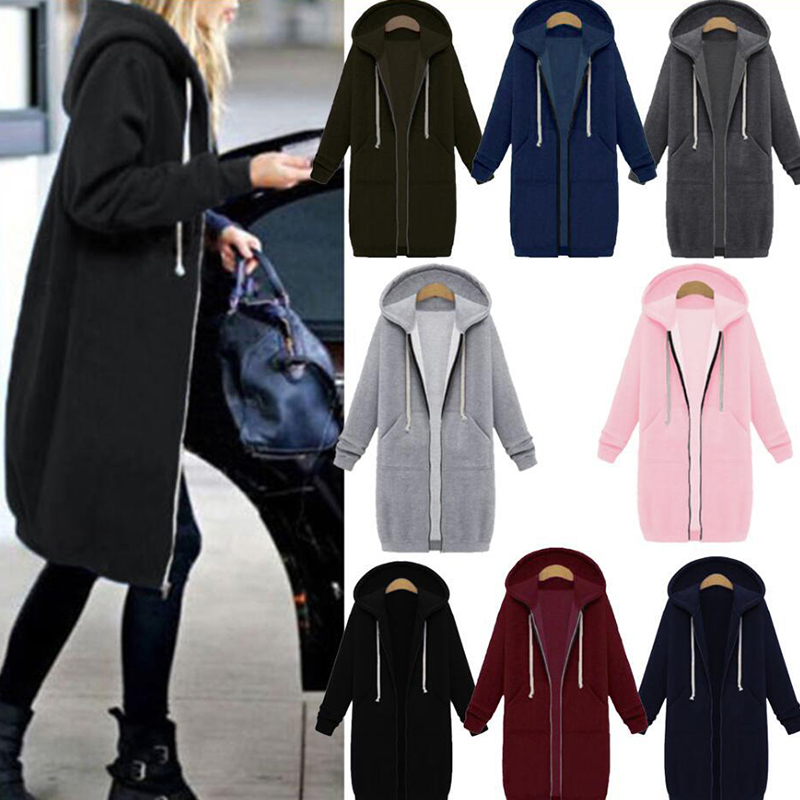 Women Long Coat Zipper Hooded Jacket Autumn Winter Casual Loose Female Coat Hoodies Sweatshirt Hoody Jackts Plus Size 5XL