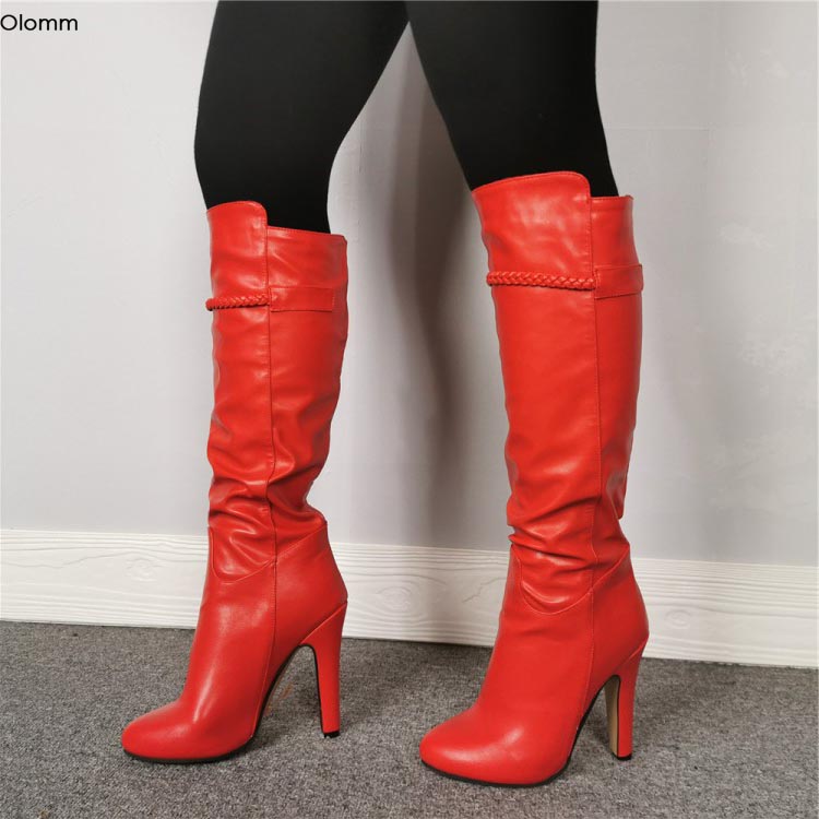 

Olomm New Fashion Women Knee High Boots Square High Heels Boots Nice Round Toe Gorgeous Red Party Shoes Women US Size 5-10.5, D2186 red