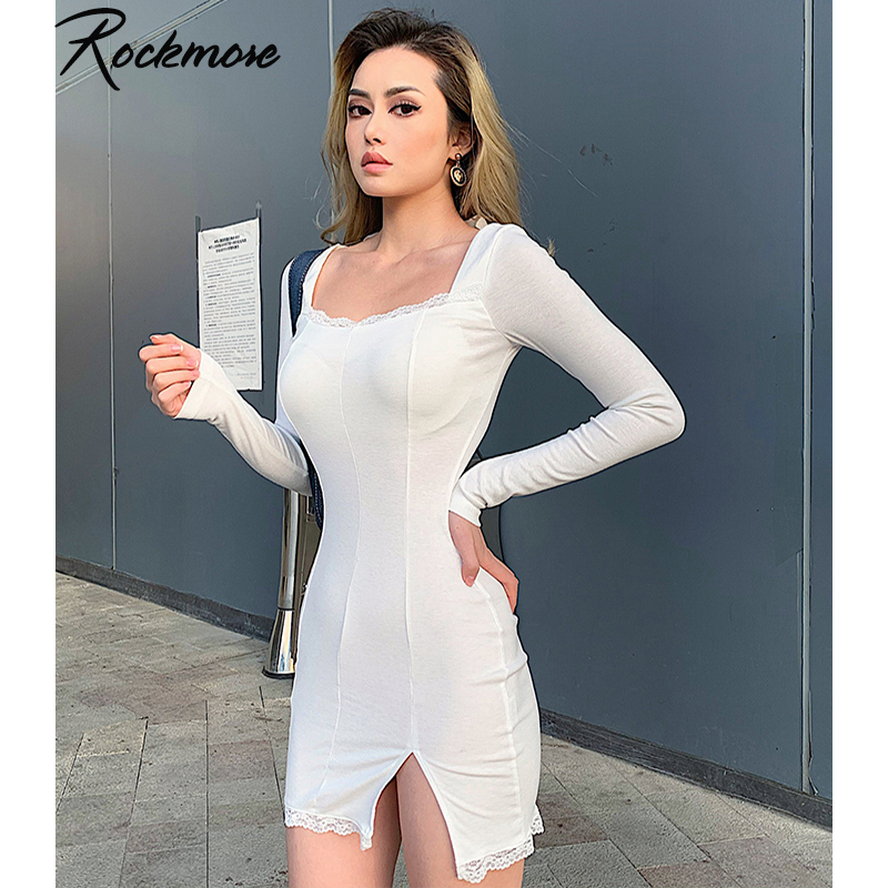 Rockmore Split Lace Sexy Mini Women Transparent Long Sleeve Bodycon Square Collar Above Knee Dresses Party Dress Vedtidos MX200804