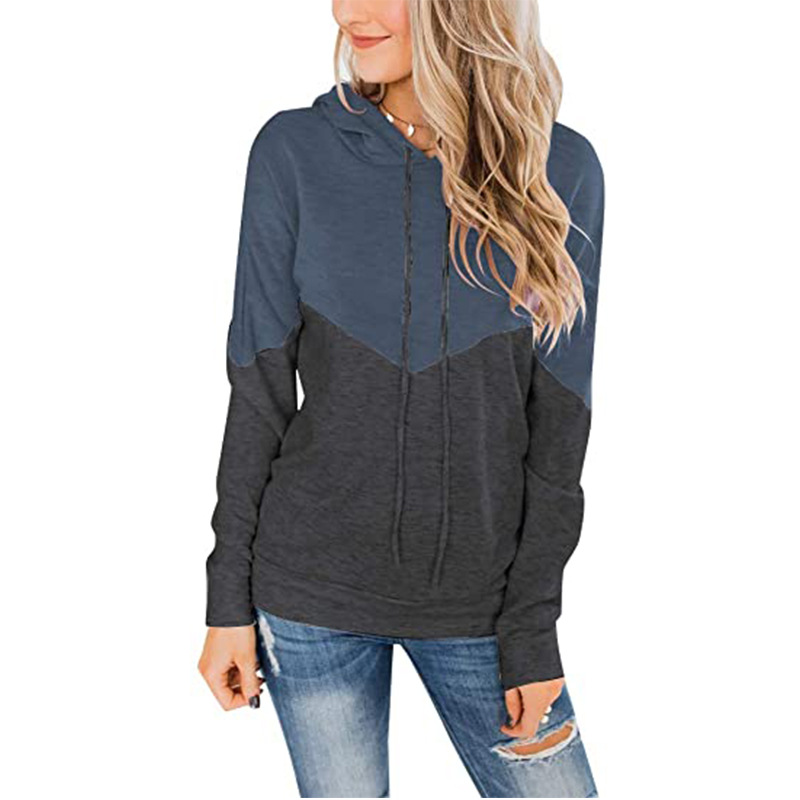 Spot Hoodies European and American tops women's casual style hooded drawstring contrast color long-sleeved sweater