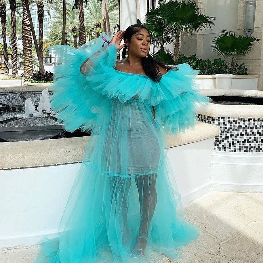 Illusion Maternity Dresses See Through Women Off Shoulder Half Sleeves Ruched Tulle Prom Dress for Photo Shoot Baby Shower