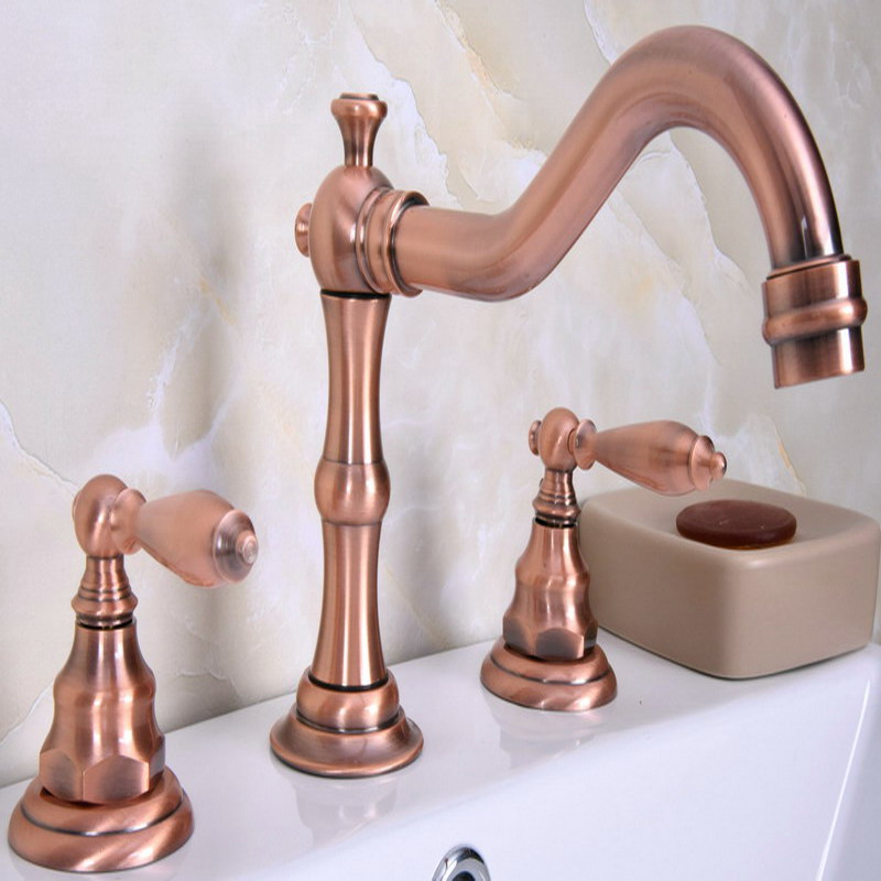 

Deck Mounted 3 Holes Bath Tub Mixer Tap Vintage Retro Antique Red Copper Brass Widespread 2 Handles bathroom basin Faucet arg058