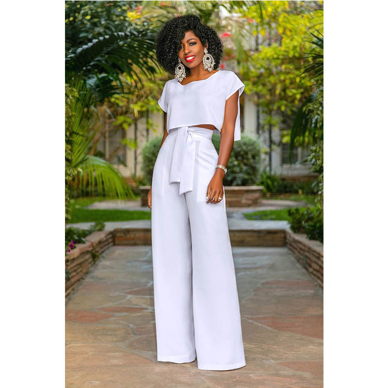 Women's Sexy 2 Pieces Set Off Shoulder Crop Top + high Waisted Long Wide Leg Pant Jumpsuit Romper