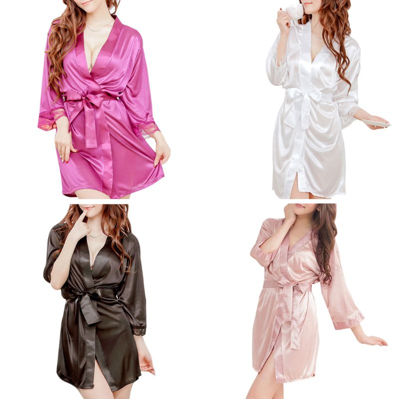 Women's Short Kimono Style V-Neck Bathrobe Plain Dressing Gown Bridal Party Robe