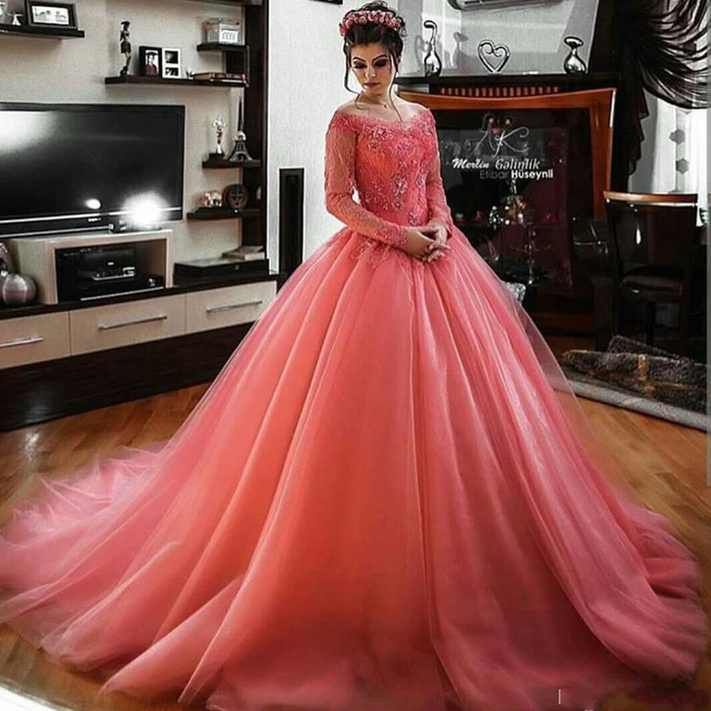 New Evening Dresses sweep Train Gala Dress Floor Length Long Sleeve Party Gown Dubai Elgenat Coral Prom Gowns Saudi Arabia