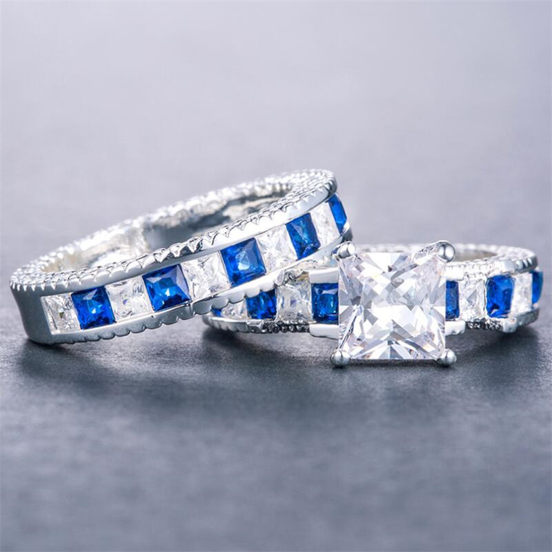 Choucong Unique Luxury Jewelry 925 Sterling Silver Princess Cut Emerald Cut Topaz Gemstones Party Eternity Bridal Ring Set For Lover's Gift