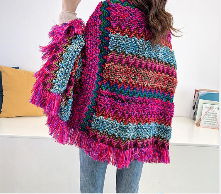 New autumn winter fashion womens colorful gradient color nation ethnic style knitted poncho sweater mantle clock tops