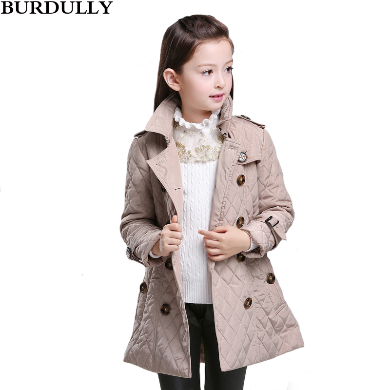 BURBULLY 2020 Winter Girls Coat Kids Invisible Diamond-shaped lattice Clothing Child Long Style Double Breasted Slim Costume, Khaki