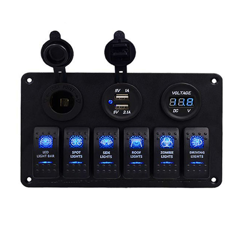 6 Gang DC 12-24V Boat Marine Rocker Switch Panel LED Dual USB Socket Charger 1A&2.1A Voltmeter for Car RV Truck Camper GPS