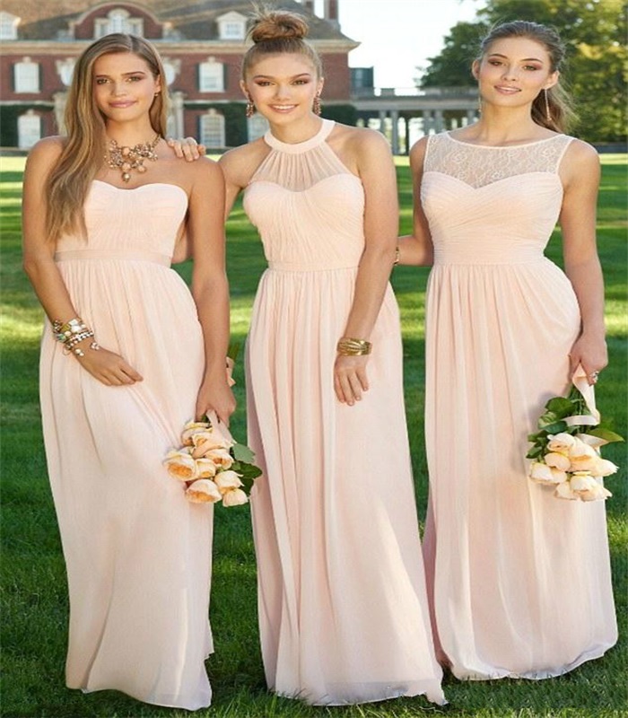 new pink cheap long bridesmaid dresses mixed neckline chiffon summer lace prom party maid of honor dresses evening dress custom made