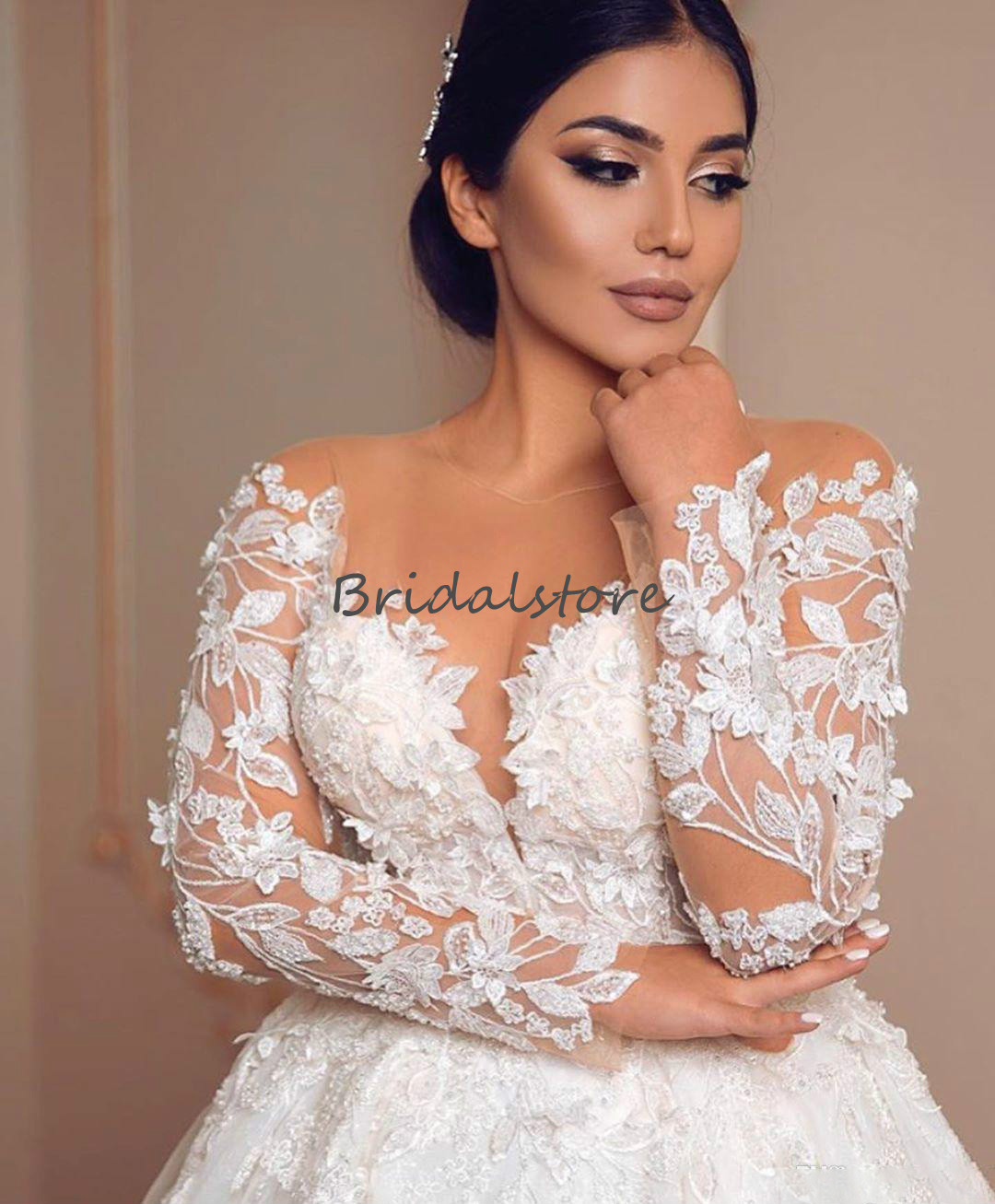 2020 Ball Gown Wedding Dresses Sheer Neck Lace Long Sleeves Church Garden Wedding Gowns Appliques Tulle Plus Size vestidos de novia elegante