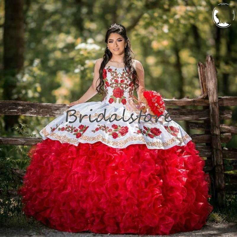 Red Masquerade Quinceanera Dresses Ragazza Elegant Sweet 15 Embroidery Mexican Puffy Ball Gown vestidos de quinceañera 202 Organza Tiered