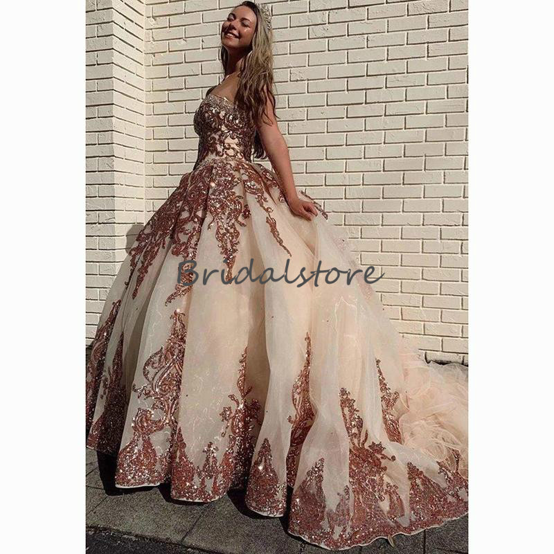 Sparkly Rose Gold Sequin Quinceanera Dresses Organza Puffy Ball Gown Sweet 16 Dress 2021 Sweetheart Beaded Crystal Corset Back Brithday Gown